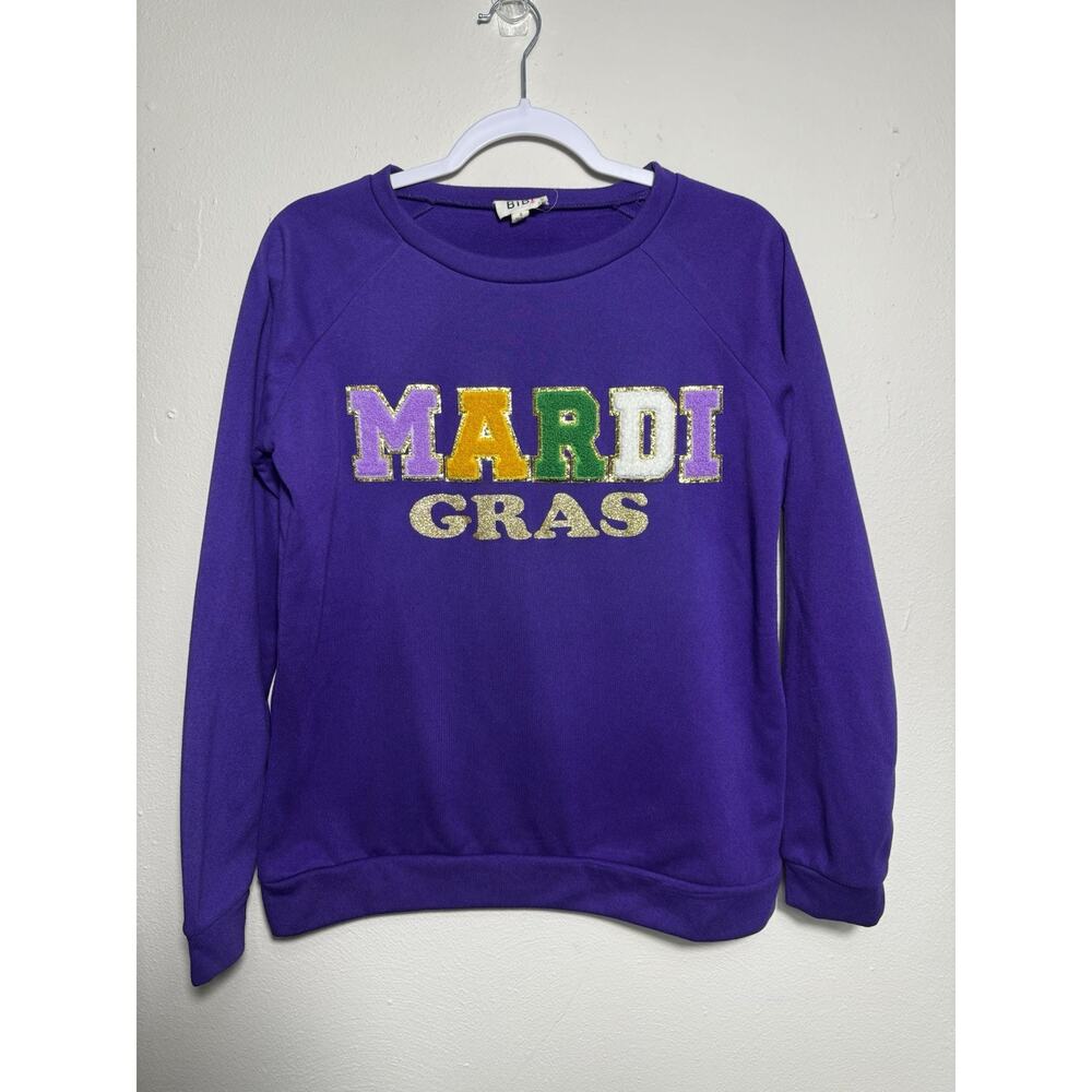 Bibi ADULT Woman MARDI GRAS SEQUIN Sweatshirt- PURPLE Green Yellow Small Patches